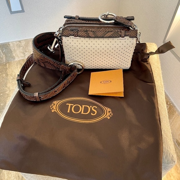 TOD'S Leather and Phyton Gommino Studded Logo Box Crossbody Bag - Picture 13 of 14